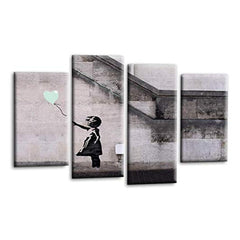 LR Banksy Heart Wall Art Picture – Grey & Duck Egg Graffiti Art Framed 4 Panel Split Canvas Print | Ready to Hang | Modern Wall Art for Living Room, Bedroom & Office