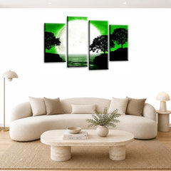 LR Landscape Wall Art Picture – Green, Black & White Floral Framed 4 Panel Split Canvas Print | Ready to Hang | Modern Wall Art for Living Room, Bedroom & Office