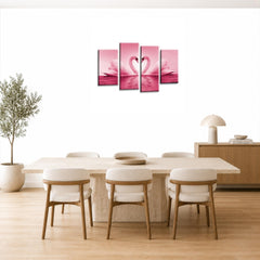 LR Love Swans Wall Art Picture – Pink & Cream Heart Framed 4 Panel Split Canvas Print | Ready to Hang | Modern Wall Art for Living Room, Bedroom & Office