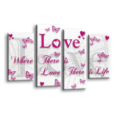 LR Love Quote Wall Art Picture – Grey, Pink & White Framed 4 Panel Split Canvas Print | Ready to Hang | Modern Wall Art for Living Room, Bedroom & Office