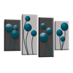 LR Floral Rose Wall Art Picture – Grey & Teal Framed 4 Panel Split Canvas Print | Ready to Hang | Modern Wall Art for Living Room, Bedroom & Office