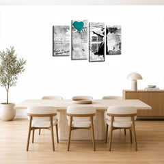 LR Banksy Heart Wall Art Picture – Grey & Teal Graffiti Art Framed 4 Panel Split Canvas Print | Ready to Hang | Modern Wall Art for Living Room, Bedroom & Office