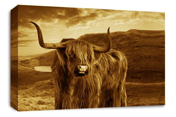 LR Highland Cow Stag Wall Art Scottish Animal Canvas Picture Print Brown Cream Ready to Hang