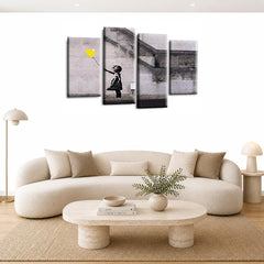 LR Banksy Heart Wall Art Picture – Grey & Yellow Graffiti Art Framed 4 Panel Split Canvas Print | Ready to Hang | Modern Wall Art for Living Room, Bedroom & Office