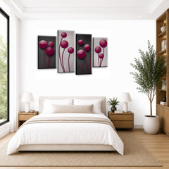 LR Purple Floral Rose Wall Art Picture – Grey Framed 4 Panel Split Canvas Print | Ready to Hang | Modern Wall Art for Living Room, Bedroom & Office