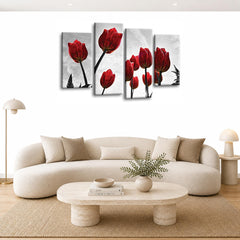 LR Floral Rose Tulip Wall Art Picture – Grey & Red Framed 4 Panel Split Canvas Print | Ready to Hang | Modern Wall Art for Living Room, Bedroom & Office
