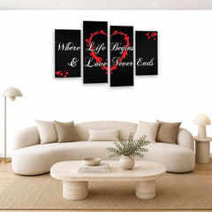 LR Love Quote Wall Art Picture – Red & Black Framed 4 Panel Split Canvas Print | Ready to Hang | Modern Wall Art for Living Room, Bedroom & Office