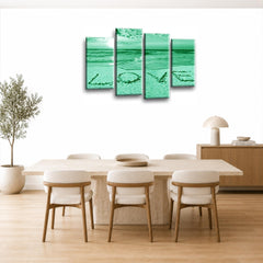 LR Love Beach Wall Art Picture – Grey & Green Sunset Seascape Framed 4 Panel Split Canvas Print | Ready to Hang | Modern Wall Art for Living Room, Bedroom & Office