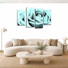 LR Floral Duck Egg Rose Wall Art Picture Framed 4 Panel Split Canvas Print | Ready to Hang | Modern Wall Art for Living Room, Bedroom & Office