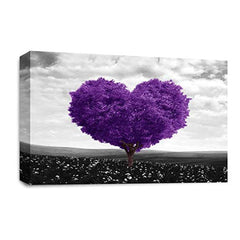 LR Floral Love Heart Tree Wall Art Picture – Purple & Grey Framed Canvas Print | Ready to Hang | Modern Wall Art for Living Room, Bedroom & Office