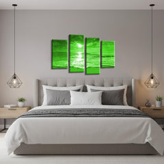 LR Sunset Beach Wall Art Picture – Green & Cream Seascape Framed 4 Panel Split Canvas Print | Ready to Hang | Modern Wall Art for Living Room, Bedroom & Office