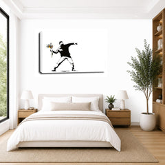 LR Banksy Flower Thrower Wall Art Picture – Grey & White Floral Framed Canvas Print | Ready to Hang | Modern Wall Art for Living Room, Bedroom & Office