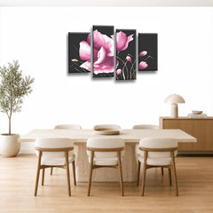 LR Floral Rose Grey Pink Flower Wall Art Picture Framed 4 Panel Split Canvas Print | Ready to Hang | Modern Wall Art for Living Room, Bedroom & Office