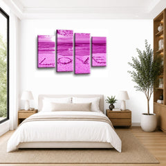LR Love Beach Wall Art Picture – Purple & Grey Sunset Seascape Framed 4 Panel Split Canvas Print | Ready to Hang | Modern Wall Art for Living Room, Bedroom & Office