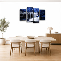 LR Blue Waterfall Wall Art Picture – Black & White Forest Framed 4 Panel Split Canvas Print | Ready to Hang | Modern Wall Art for Living Room, Bedroom & Office