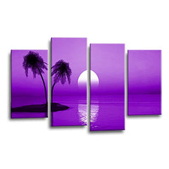 LR Sunset Beach Wall Art Picture – Purple Seascape Framed 4 Panel Split Canvas Print | Ready to Hang | Modern Wall Art for Living Room, Bedroom & Office
