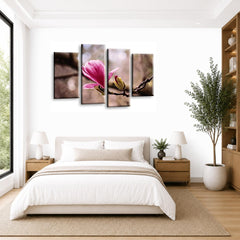 LR Floral Rose Wall Art Picture – Grey & Pink Framed 4 Panel Split Canvas Print | Ready to Hang | Modern Wall Art for Living Room, Bedroom & Office