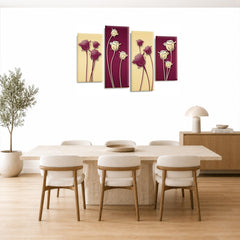 LR Floral Wall Art Picture – Purple & Cream Framed 4 Panel Split Canvas Print | Ready to Hang | Modern Wall Art for Living Room, Bedroom & Office