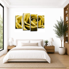 LR Floral Mustard Rose Love Art Wall Art Picture – Grey, White Framed 4 Panel Split Canvas Print | Ready to Hang | Modern Wall Art for Living Room, Bedroom & Office