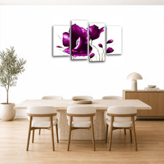 LR Floral Purple Rose Wall Art Picture – White Framed 4 Panel Split Canvas Print | Ready to Hang | Modern Wall Art for Living Room, Bedroom & Office