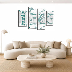 LR Family Love Quote Wall Art Picture – Teal & White Framed 4 Panel Split Canvas Print | Ready to Hang | Modern Wall Art for Living Room, Bedroom & Office