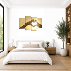 LR Sunset Love Heart Wall Art Picture – Yellow & Gold Framed 4 Panel Split Canvas Print | Ready to Hang | Modern Wall Art for Living Room, Bedroom & Office