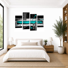 LR Abstract Wall Art Picture – Teal, Black & White Modern Framed 4 Panel Split Canvas Print | Ready to Hang | Modern Wall Art for Living Room, Bedroom & Office