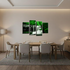 LR Waterfall Green Wall Art Picture – Grey & Forest Framed 4 Panel Split Canvas Print | Ready to Hang | Modern Wall Art for Living Room, Bedroom & Office