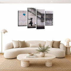 LR Banksy Heart Wall Art Picture – Grey & Teal Graffiti Art Framed 4 Panel Split Canvas Print | Ready to Hang | Modern Wall Art for Living Room, Bedroom & Office