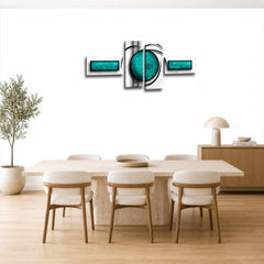 LR Abstract Stripes Wall Art Picture – Grey & Teal Modern Framed 4 Panel Split Canvas Print | Ready to Hang | Modern Wall Art for Living Room, Bedroom & Office