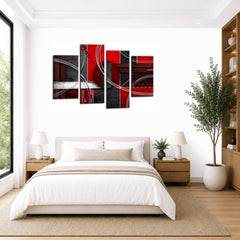 LR Abstract Wall Art Picture – Red, Black & White Modern Framed 4 Panel Split Canvas Print | Ready to Hang | Modern Wall Art for Living Room, Bedroom & Office
