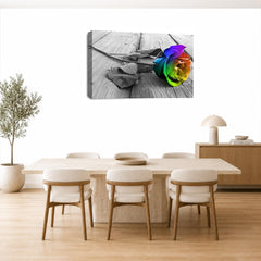 LR Floral Rainbow Rose Wall Art Picture – Grey, White Framed Canvas Print | Ready to Hang | Modern Wall Art for Living Room, Bedroom & Office