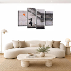 LR Banksy Heart Wall Art Picture – Grey & Orange Graffiti Art Framed 4 Panel Split Canvas Print | Ready to Hang | Modern Wall Art for Living Room, Bedroom & Office