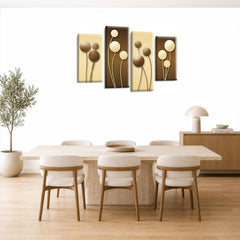 LR Floral Rose Wall Art Picture – Cream & Brown Framed 4 Panel Split Canvas Print | Ready to Hang | Modern Wall Art for Living Room, Bedroom & Office