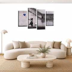 LR Banksy Heart Wall Art Picture – Grey & Blue Graffiti Art Framed 4 Panel Split Canvas Print | Ready to Hang | Modern Wall Art for Living Room, Bedroom & Office