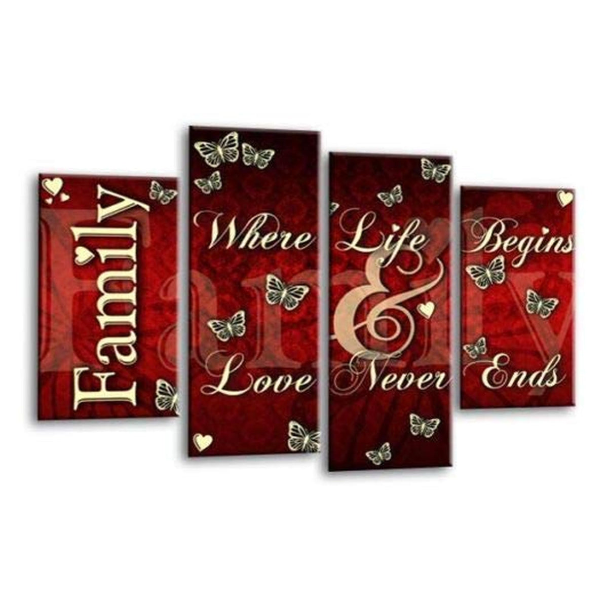 LR Family Love Quote Wall Art Picture – Red & Cream Framed 4 Panel Split Canvas Print | Ready to Hang | Modern Wall Art for Living Room, Bedroom & Office