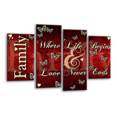 LR Family Love Quote Wall Art Picture – Red & Cream Framed 4 Panel Split Canvas Print | Ready to Hang | Modern Wall Art for Living Room, Bedroom & Office