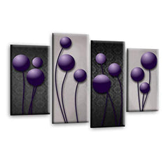 LR Purple Floral Rose Wall Art Picture – Grey Framed 4 Panel Split Canvas Print | Ready to Hang | Modern Wall Art for Living Room, Bedroom & Office