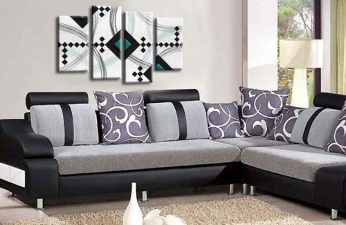 LR Abstract Wall Art Picture Black White Teal Stripes Checks Framed Split Panel Print Ready to Hang
