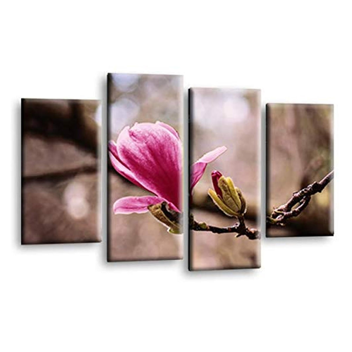 LR Floral Rose Wall Art Picture – Grey & Pink Framed 4 Panel Split Canvas Print | Ready to Hang | Modern Wall Art for Living Room, Bedroom & Office