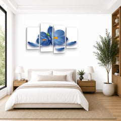 LR Floral Rose Orchid Wall Art Picture – Blue & White Framed 4 Panel Split Canvas Print | Ready to Hang | Modern Wall Art for Living Room, Bedroom & Office