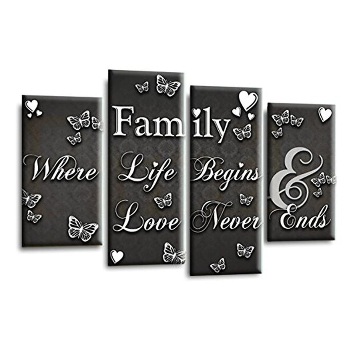 LR Family Love Quote Wall Art Picture – Grey, Black & White Framed 4 Panel Split Canvas Print | Ready to Hang | Modern Wall Art for Living Room, Bedroom & Office