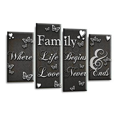 LR Family Love Quote Wall Art Picture – Grey, Black & White Framed 4 Panel Split Canvas Print | Ready to Hang | Modern Wall Art for Living Room, Bedroom & Office