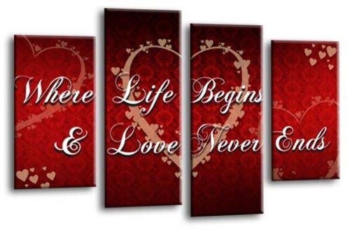 LR Love Quote Wall Art Picture – Grey & Red Framed 4 Panel Split Canvas Print | Ready to Hang | Modern Wall Art for Living Room, Bedroom & Office