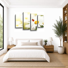 LR Floral Wall Art Picture – Yellow & White Daisy Framed 4 Panel Split Canvas Print | Ready to Hang | Modern Wall Art for Living Room, Bedroom & Office