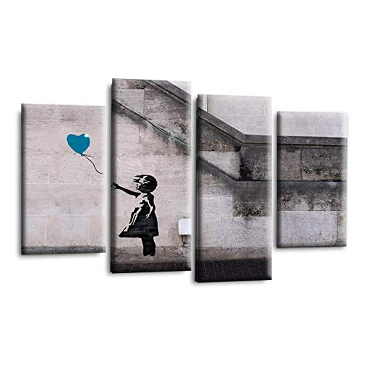 LR Banksy Wall Art Picture – Grey & Teal Graffiti Art Framed 4 Panel Split Canvas Print | Ready to Hang | Modern Wall Art for Living Room, Bedroom & Office