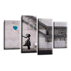 LR Banksy Wall Art Picture – Grey & Teal Graffiti Art Framed 4 Panel Split Canvas Print | Ready to Hang | Modern Wall Art for Living Room, Bedroom & Office
