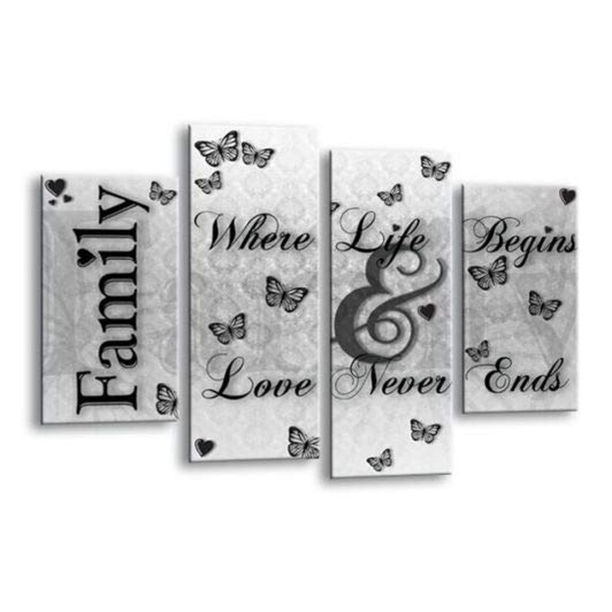 LR Family Love Wall Art Picture – Black & White Quote Framed 4 Panel Split Canvas Print | Ready to Hang | Modern Wall Art for Living Room, Bedroom & Office