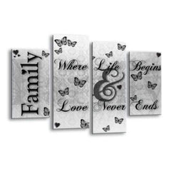 LR Family Love Wall Art Picture – Black & White Quote Framed 4 Panel Split Canvas Print | Ready to Hang | Modern Wall Art for Living Room, Bedroom & Office