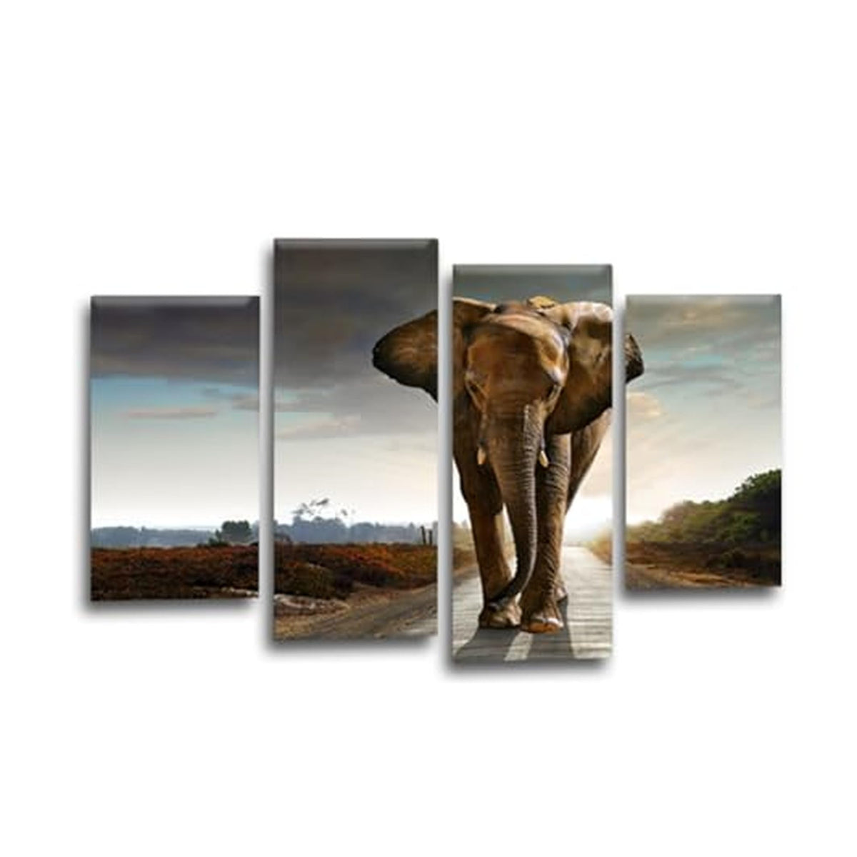 LR Elephant Sunset Wall Art Picture – Grey & Brown African Framed 4 Panel Split Canvas Print | Ready to Hang | Modern Wall Art for Living Room, Bedroom & Office